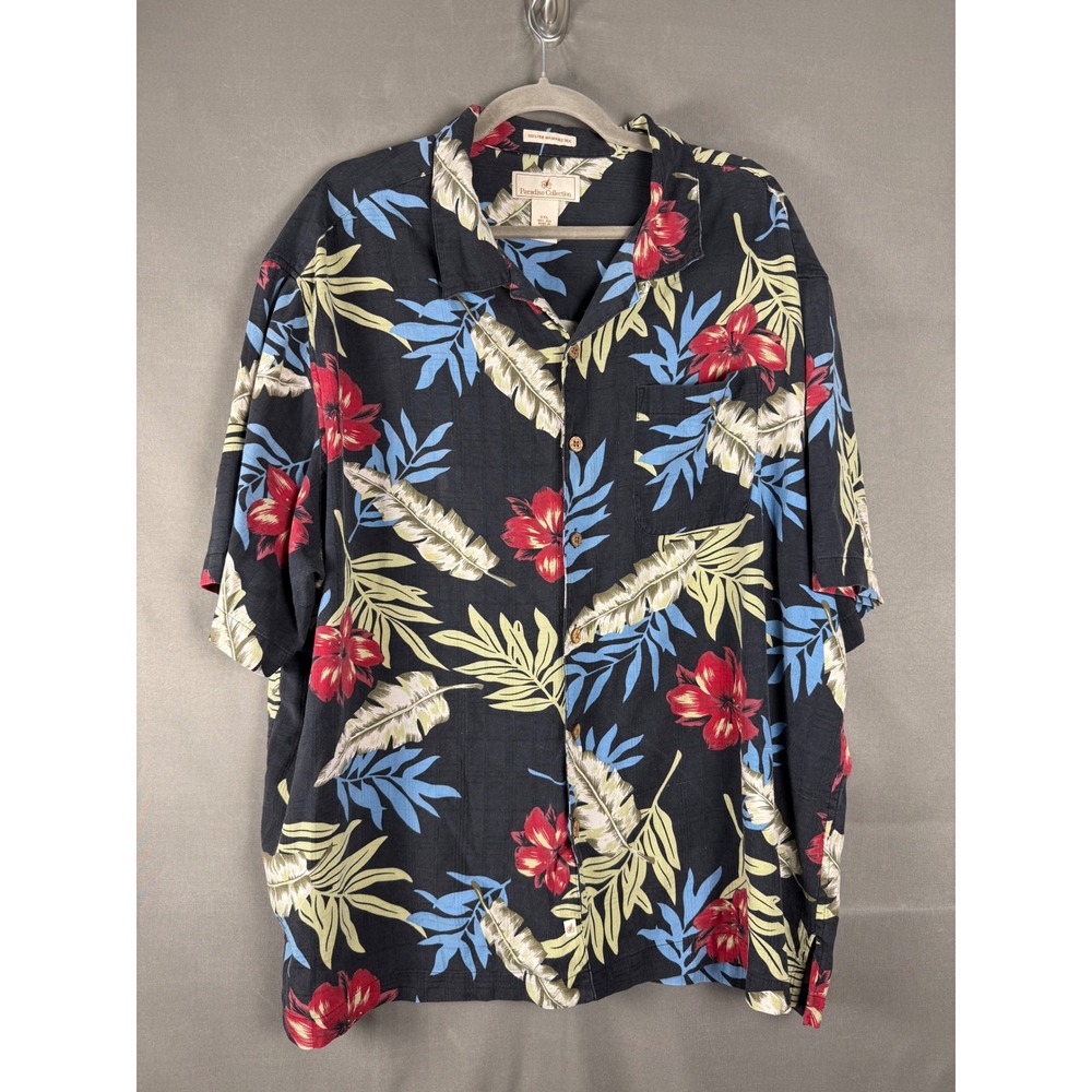 Paradise Collection Button Down Shirt Mens XXL Black Red Silk Tropical Floral